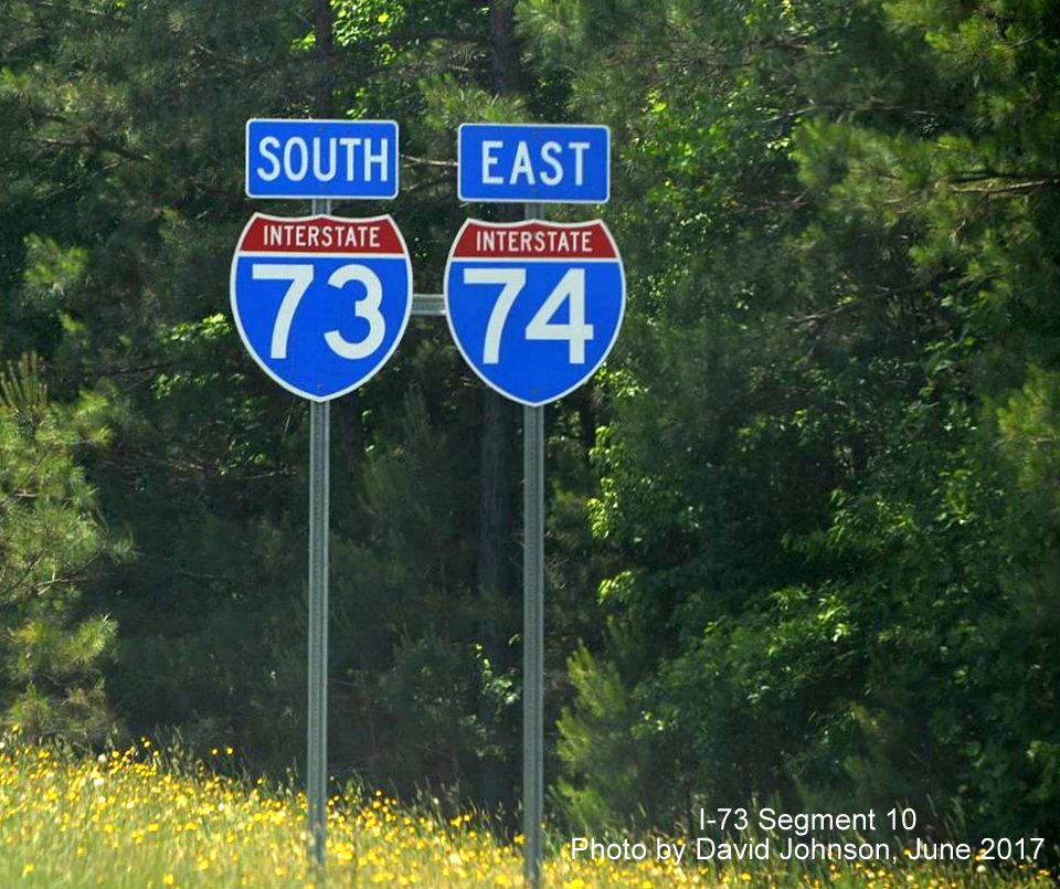 Image taken of stand-alone I-73 South and I-74 East reassurance markers along segment south of Candor, by David Johnson