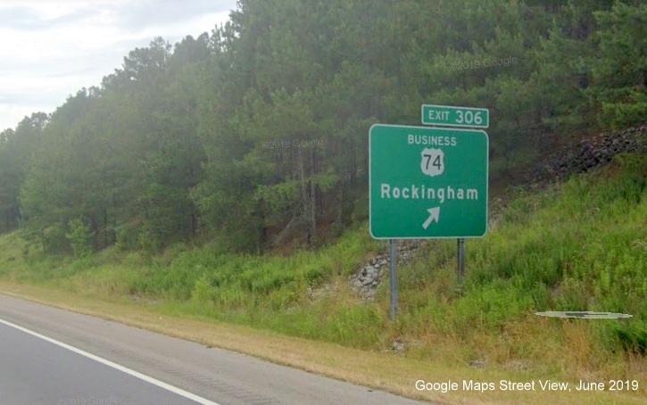Google Street view image of ground mounted exit sign for Business 74 West exit on US 74/Future
        I-74 West, I-73 North in Rockingham, taken in June 2019