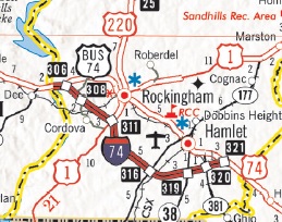 Part of NCDOT 2023-24 State Transportation Map showing US 74 Rockingham Bypass and area around I-73 Segment 12, July 2023