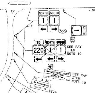 NCDOT plan image of signage at ramps to US 1 from Future I-74/US 74 in Rockingham, omitting US 220 shields in 2023.