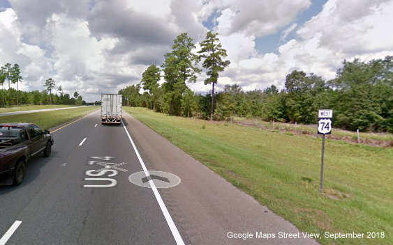 Google Maps Street View image of West US 74 reassurance marker following NC 177 exit taken in 
        September 2018, without corresponding Future I-74 shield since 2016