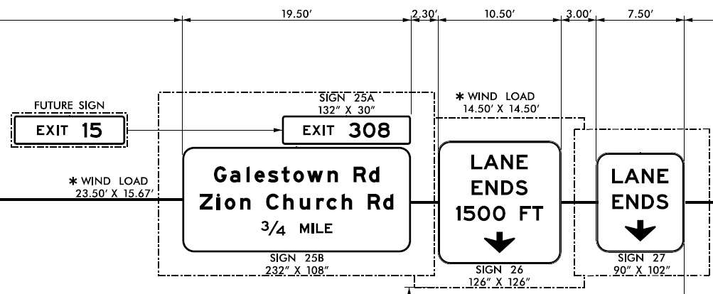 Image of plan for future former Cordova exit sign now reading Galestown Rd/Zion Church Rd on current US 74 Rockingham Bypass 
             upon completion of I-73/I-74 Rockingham Bypass in 2023