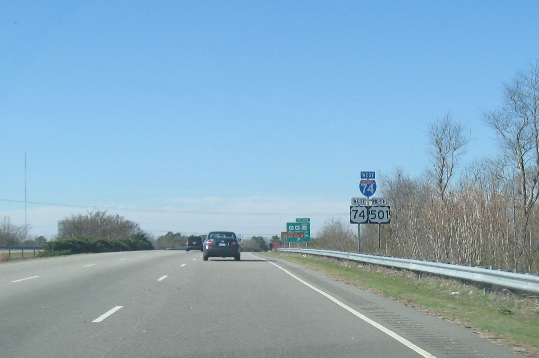 Photo of I-74/US 74 signage on Laurinburg Bypass in Nov. 2007