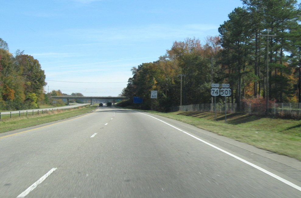 Photo of US 74 signage with now removed I-74 sign on Laurinburg Bypass in 
Nov. 2009