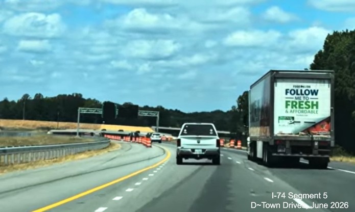 Image approaching the future NC 192 exit on I-74 West at the beginning of the
Winston-Salem Northern Beltway with completed ramp bridges in the distance, D~Town Drives, June 2026