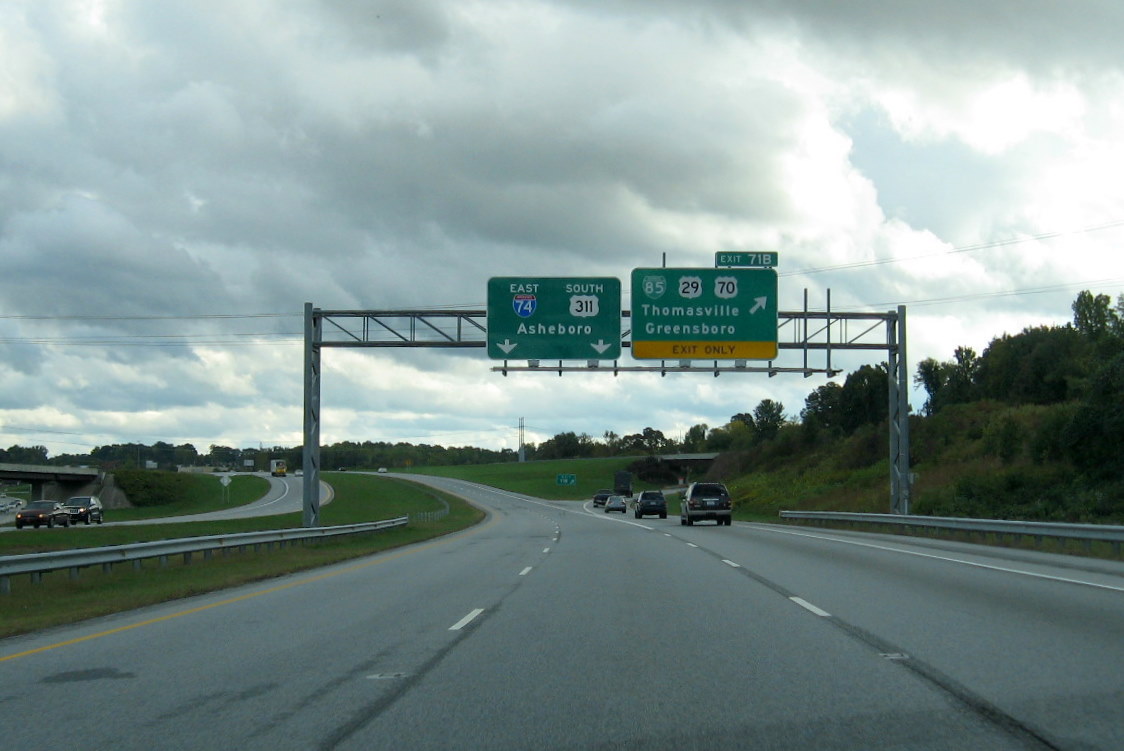 Photo of East I-74 overhead sign at Business 85 interchange in High Point, 
 Nov. 2011