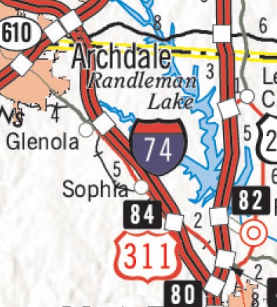 Section of 2017-2018 NCDOT State Transporation Map showing I-74 Segment 7 near Randleman