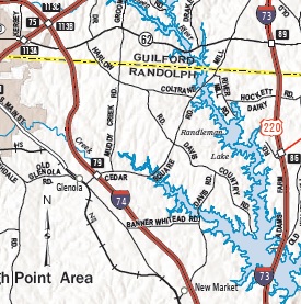 Image of portion of NCDOT 2021-2022 State Transportation Map showing I-74 in Randolph County