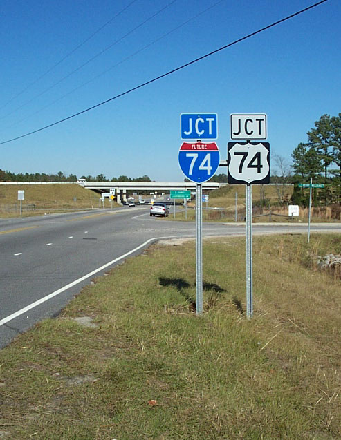 Photo of exit signage for NC 38 on US 74 (Future I-74) Rockingham Bypass