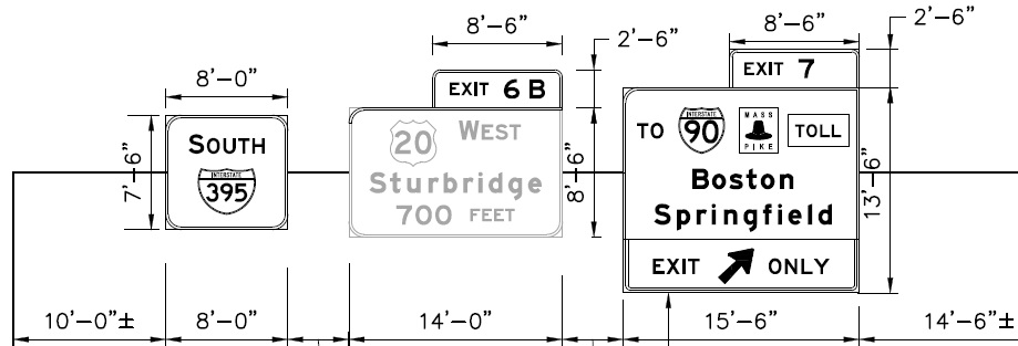 Image of plan for I-90/Mass Pike exit off-ramp sign on I-395 South in Auburn, by MassDOT