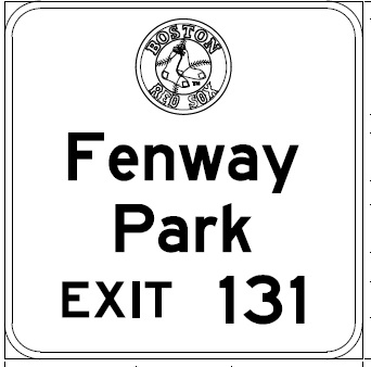 Plan for new auxiliary sign for Fenway Park prior to Allston-Brighton exit on I-90/Mass Pike East, from MassDOT