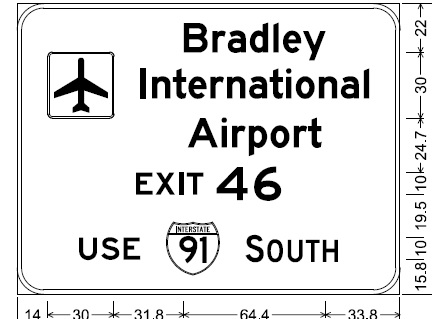 Sign plan for Bradley Airport auxiliary signage on I-90 before I-91 exit, from MassDOT