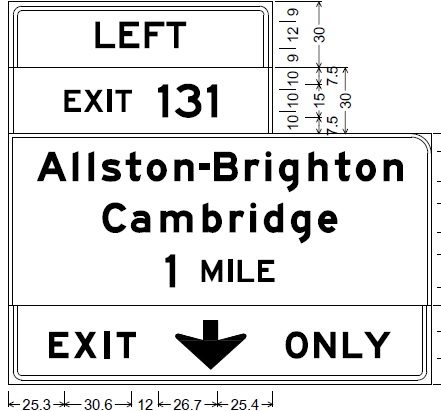 Plan for new 1-Mile sign with new exit number for Allston-Brighton exit on Mass Pike east, from MassDOT
