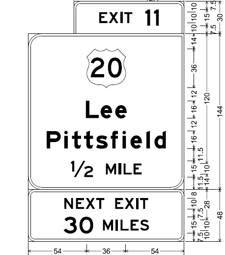 Signage plan for Exit 11 exit Eastbound on I-90/MassPike, from MassDOT