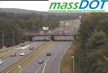 MassDOT traffic camera image of new exit signs on I-90 East in Westford