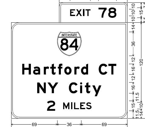 Sign plan for milepost exit sign for I-84 on I-90/Mass Pike in Sturbridge