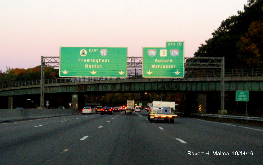Image of new shields on Exit 10 exit sign for Mass Pike/I-90 East in Auburn