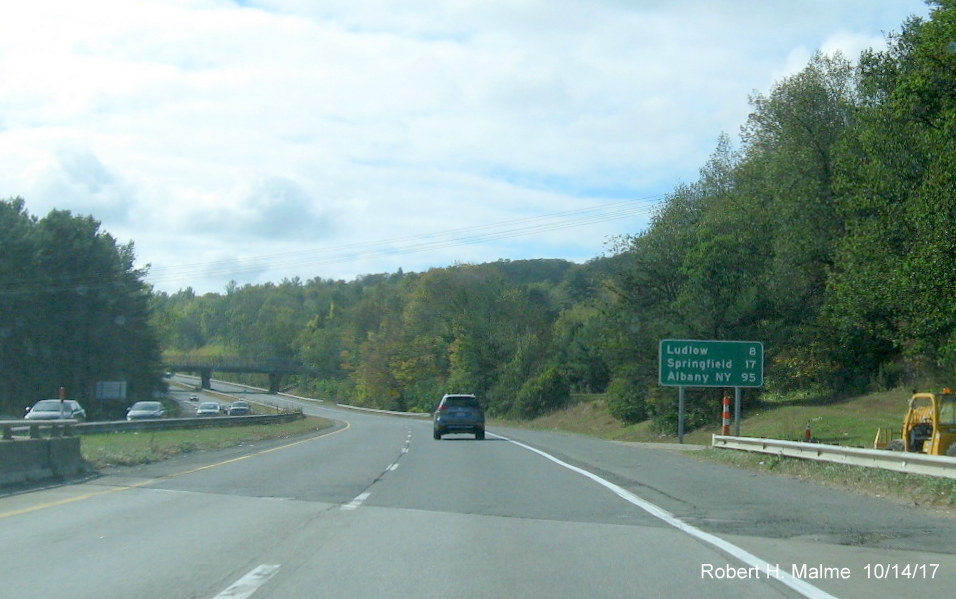 Image of new destination mileage sign on I-90/Mass Pike West in Palmer
