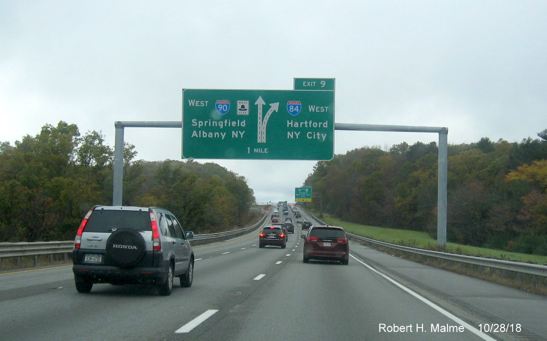 Image of newly placed 2-mile advance sign for I-84 exit on I-90/Mass Pike West in Charlton on Oct. 28, 2018
