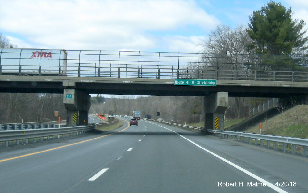 Image of Route 41/W. Stockbridge sign placed on bridge over I-90/Mass Pike approaching NY border