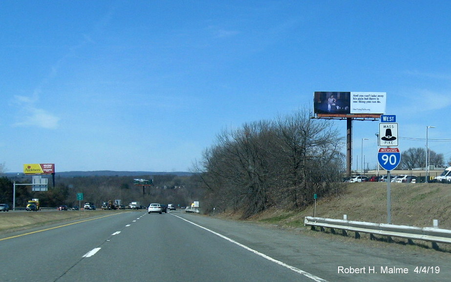 Image of newly placed West I-90/Mass Pike reassurance marker beyond I-291 exit in Springfield