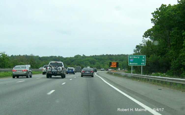 Image taken of newly placed destination mileage sign along I-90/Mass Pike East in Auburn