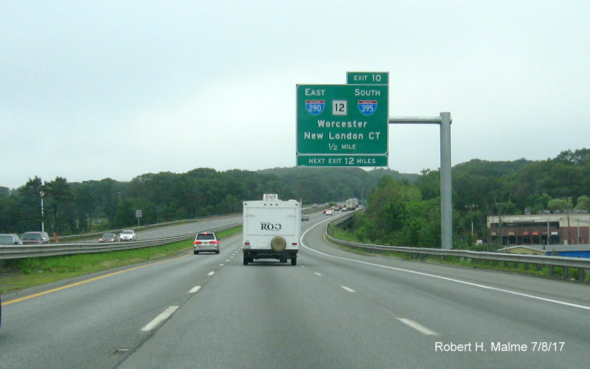 Image of newly placed 1/2 mile advance exit sign for I-290/MA 12/I-395 exit on I-90 West in Auburn