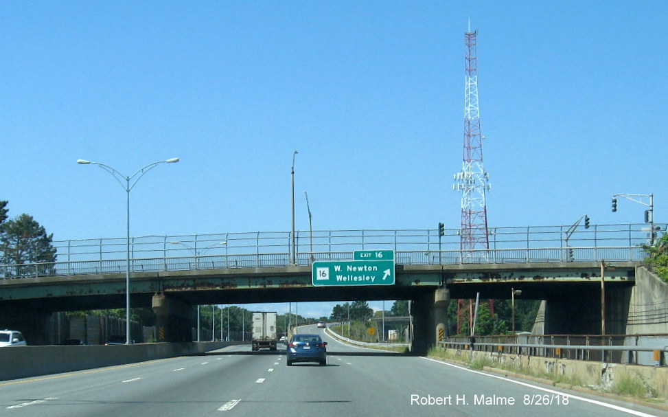 Image of new overhead ramp sign for MA 16 exit on I-90/Mass Pike West in Newton