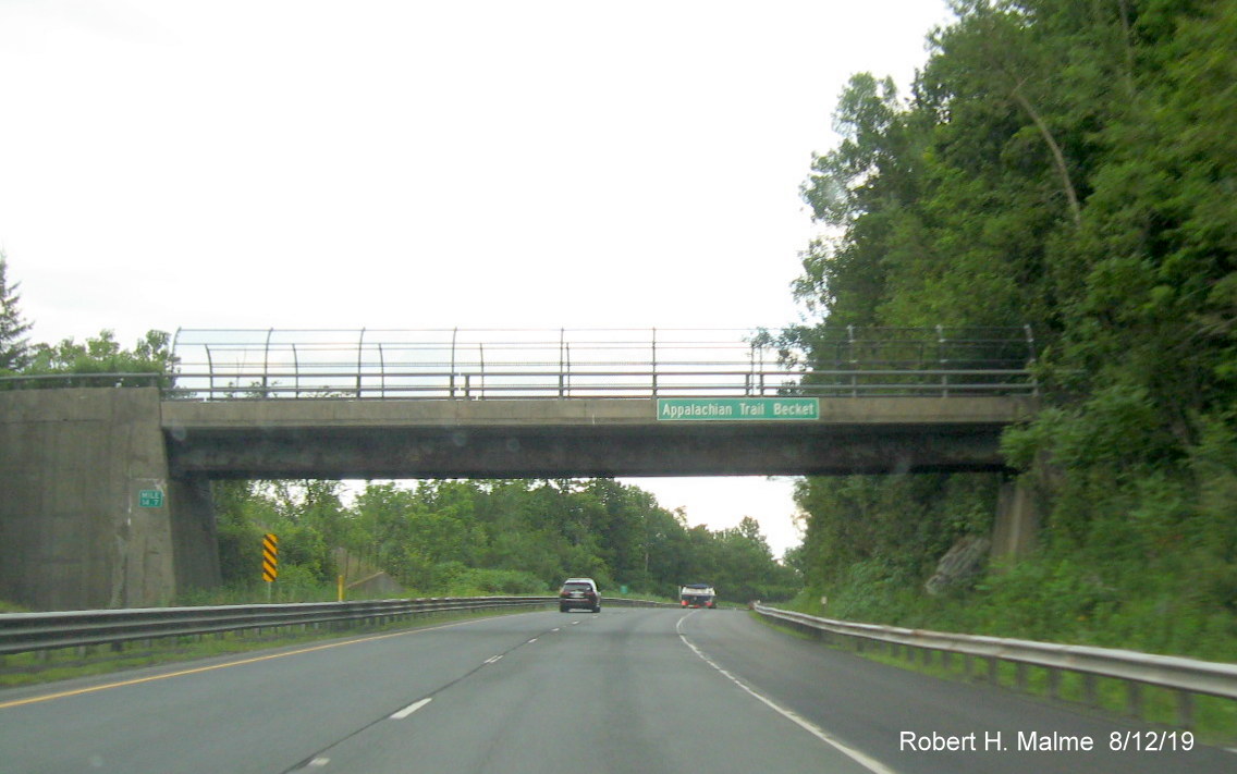 Image of new bridge sign identifying crossing of Appalachian Trail along I-90/Mass Pike East in Becket