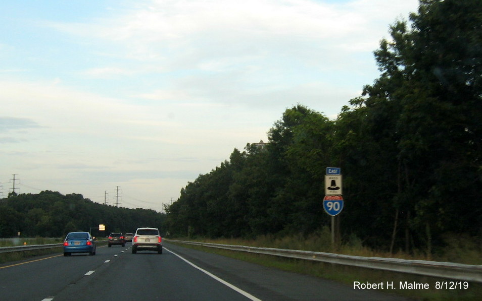Recently placed East I-90/Mass Pike reassurance marker following MA 33 exit in Chicopee in Aug. 2019