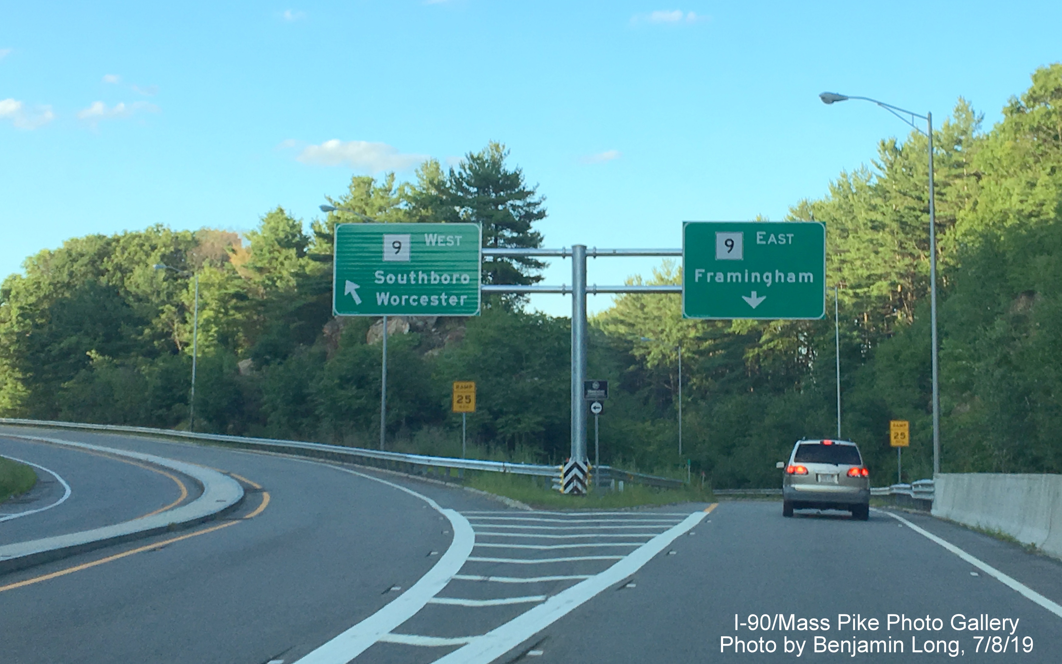 Image of new overhead signs at split of ramp from I-90/Mass Pike to MA 9 East and 
                                                   West in Framingham, by Benjamin Long