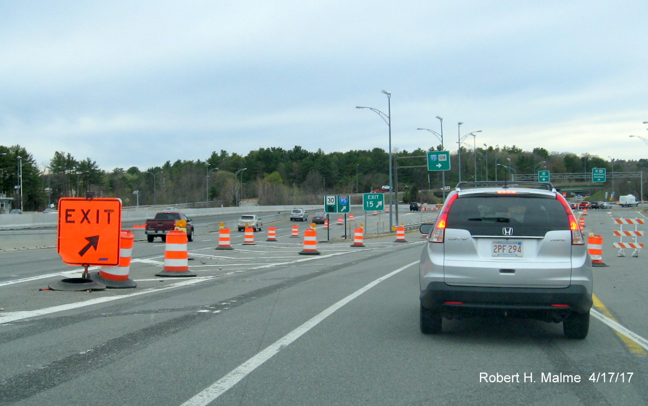 Image taken of I-90/Mass Pike West traffic through former Weston toll plaza and exit to I-95