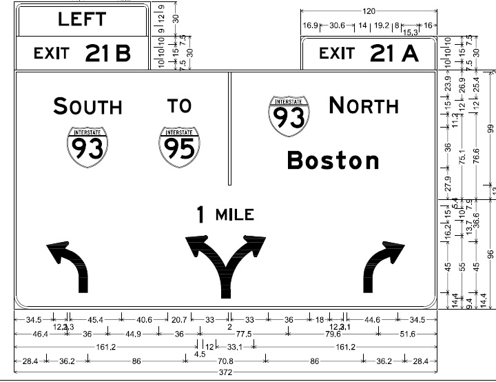 Image of MassDOT sign plan for new I-mile advance sign for I-93 (US 1) exit on MA 24 North in Randolph