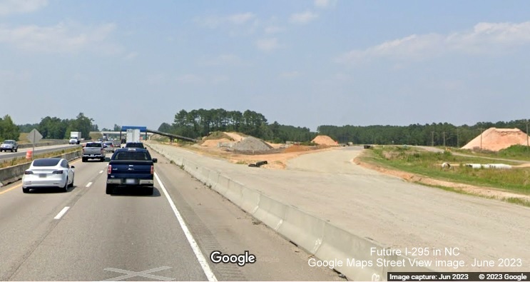 Image of future I-295 North ramp under construction from I-95 North in St. Pauls, Google 
        Maps Street View, June 2023