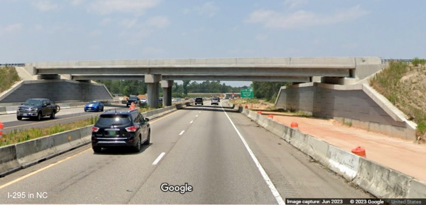 Image of future I-295 bridge over I-95 North in St. Pauls, Google 
        Maps Street View, June 2023