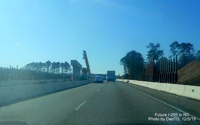 Image of future flyover ramp bridge for I-295 North over I-95 South lanes 
        near St. Pauls, on Wikimedia by DanTD