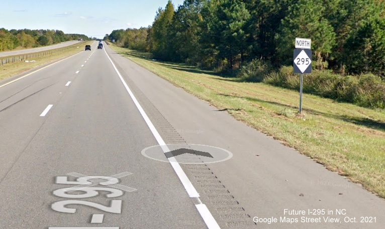 Image of North NC 295 reassurance marker still standing along Fayetteville Outer Loop north of 
      River Road exit in Cumberland County, Google Maps Street View image, October 2021