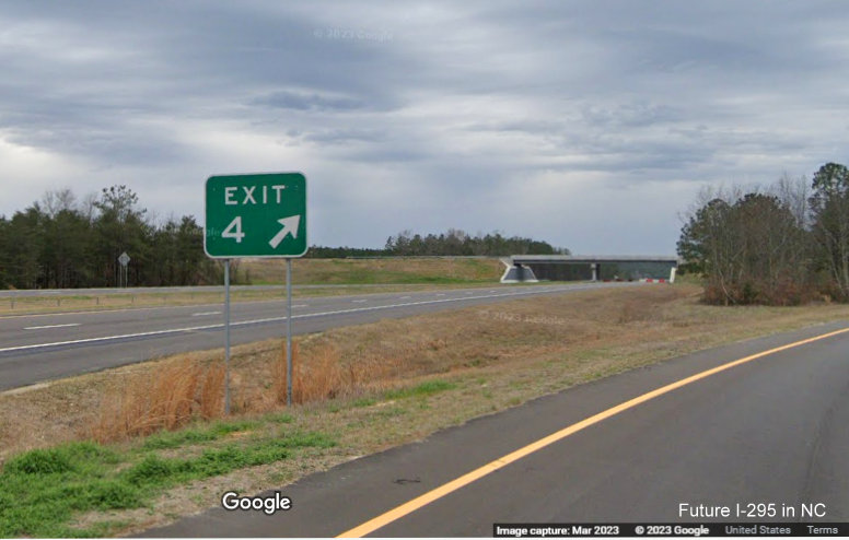 Image of gore sign for Black Ridge Road at end of newly opened section of NC 295 North/Fayetteville 
        Outer Loop, Google Maps Street View, March 2023