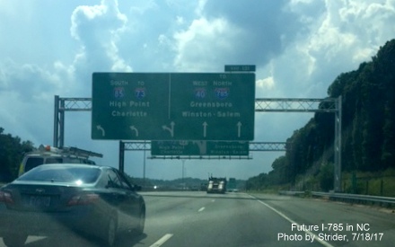 Image of new signage with I-785 on I-85 South/I-40 West prior to Greensboro Loop exit, by Strider