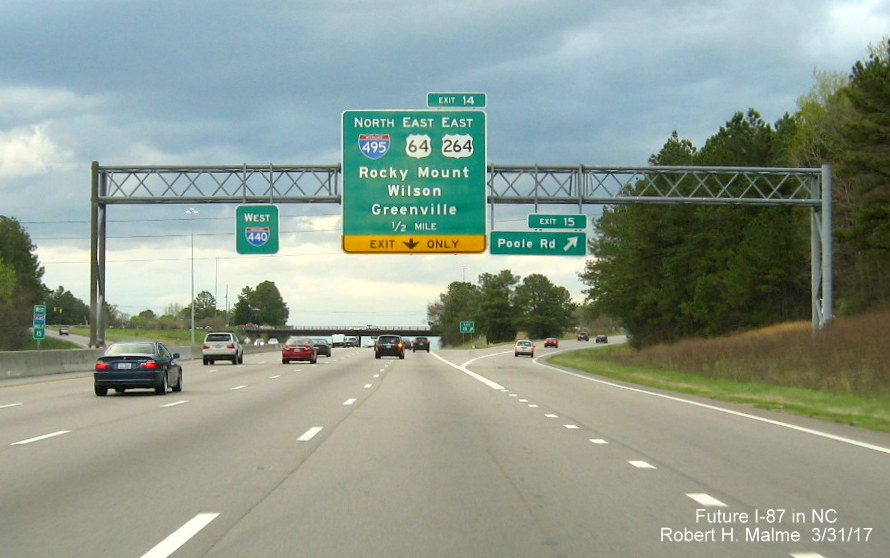 Image taken of signage approaching current I-495/US 64/US 264 interchange on I-440 West in Raleigh