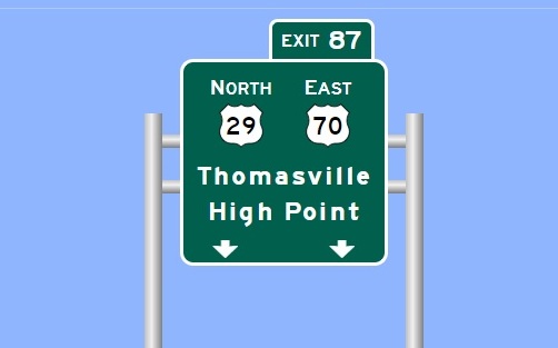 Sign Maker image of overhead exit sign for US 29 North/US 70 East, Business 85 unsigned on I-285 North in Lexington