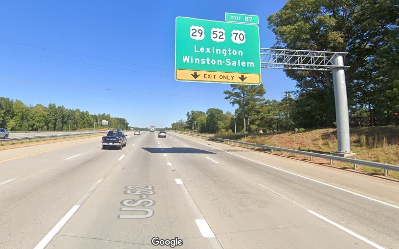 Google Maps Street View image of 1-mile advance sign for US 29/US 52 North, US 70 East (Business Loop 85 North) exit in Lexington, taken in Oct. 2019