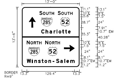 Image of NCDOT sign plan for new ramp signs at US 64 interchange with I-285/US 52 in Lexington