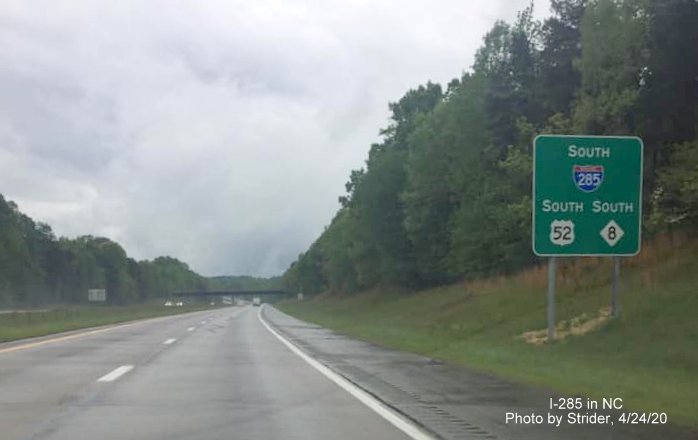Image of South I-285/US 52/NC 8 reassurance marker sign recently installed in Davidson County, by Strider, April 2020
