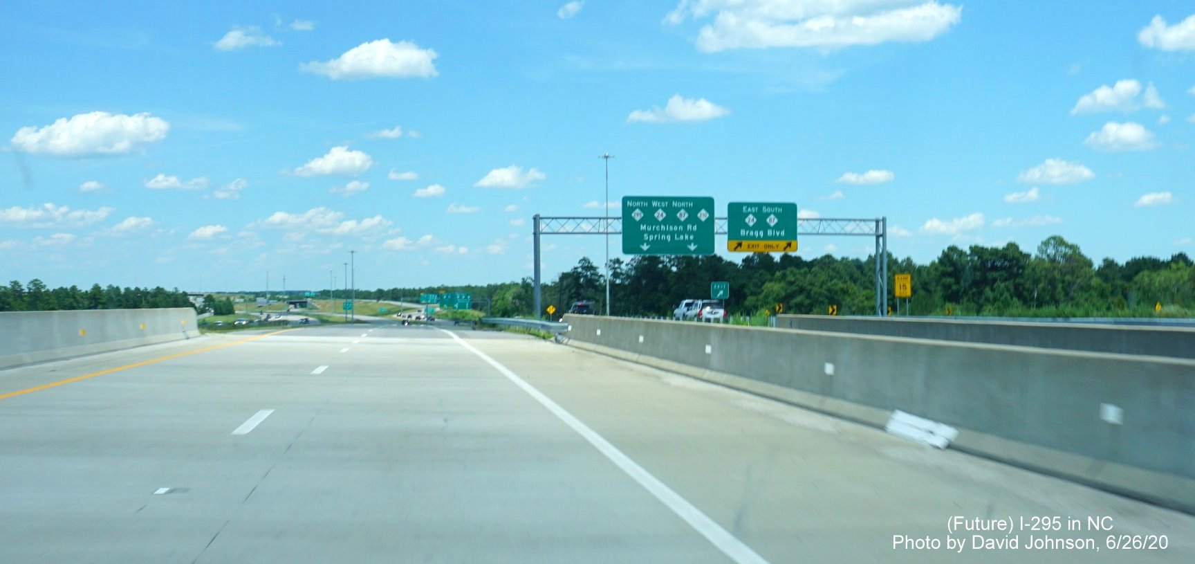 Image of overhead signage along NC 24/87 C/D lanes approaching the Murchison Road exit along I-295 North in Fayetteville, by David Johnson June 2020