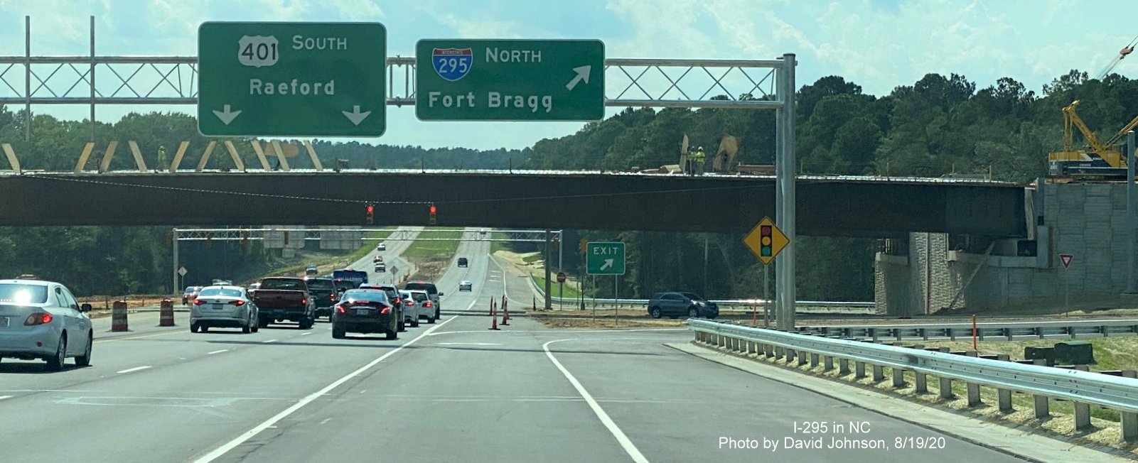 Image of North I-295 overhead ramp sign on US 401 South in Fayetteville at opened interchange, 
                                     photo by David Johnson August 2020