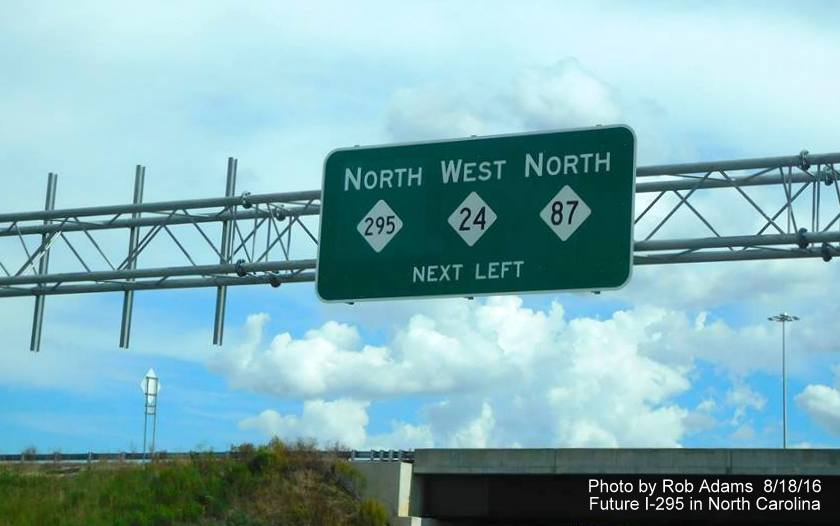 Image of overhead guide signage along Bragg Blvd in Fayetteville now with NC 295 shield, photo by Rob Adams