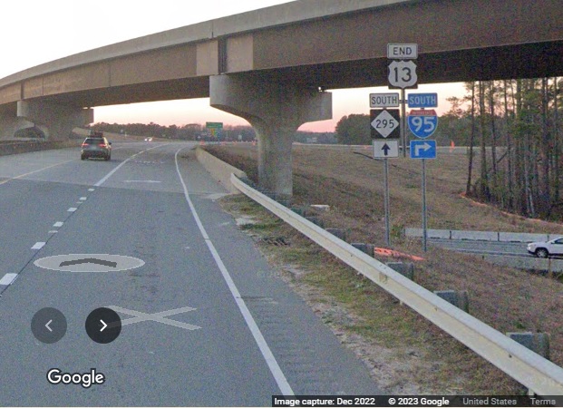 Image of NC 295 trailblazer at the beginning of I-295/Fayetteville Outer Loop South in Wade, Google 
        Maps Street View, December 2022