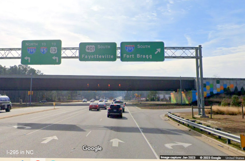 Image of I-295 overhead ramp signage on US 401 South, Google Maps Street View, 
        January 2023