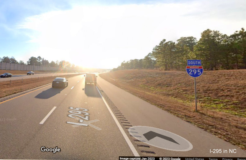 Image of South I-295 reassurance marker after the McArthur Road interchange, Fayetteville Outer Loop, Google Maps Street View, 
        January 2023